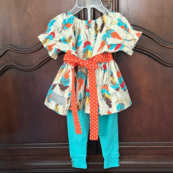 Girls Eleanor Rose Multicolor Feather Print Top and Leggings Size - Picture 4 of 5